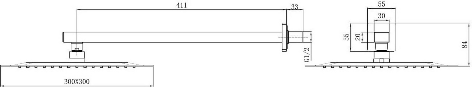 Душ верхний, стационарный, квадратный 300х300мм, G 1/2, антикальц., стеновой кронштейн 411мм, (латунь цв.хром),  ZZ Allen Brau Infinity 5.21A19-00
