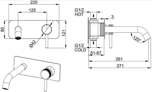 Смеситель для раковины, встраиваемый в стену, излив 195мм, встраив.часть в компл., (цв.золото браш.),  ZZ Allen Brau Priority 5.31003-GB