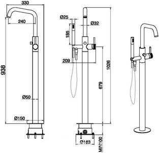 Смеситель для ванны, напольный, лейка д/д, шланг, встраиваемая часть в компл.,(цв.золото браш.),  ZZ Allen Brau Priority 5.31008-GB