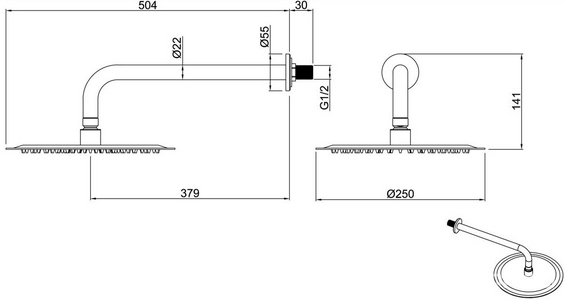 Душ верхний, стационарный, круглый d250мм, G 1/2, антикальц., стеновой кронштейн 380мм, (латунь цв.графит браш.),  Allen Brau Priority 5.31017-MG
