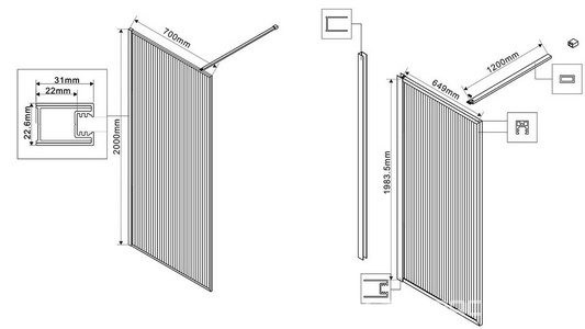 Душевая перегородка 700хh2000мм, правая/левая, (стекло рифленое 8мм Easy Clean, укорачиваемый кронштейн 1200мм, фурнит.цв.брашир.золото),  ZZ Vincea Walk-In VSW-1HP700FLBG