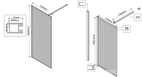 Душевая перегородка 1200хh2000мм, правая/левая, (стекло рифленое 8мм Easy Clean, укорачиваемый кронштейн 1200мм, фурнит.цв.черный матовый), ZZ Vincea Walk-In VSW-1HP120FLB