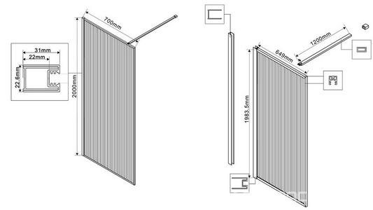 Душевая перегородка 700хh2000мм, правая/левая, (стекло рифленое 8мм Easy Clean, укорачиваемый кронштейн 1200мм, фурнит.цв.черный матовый),  ZZ Vincea Walk-In VSW-1HP700FLB