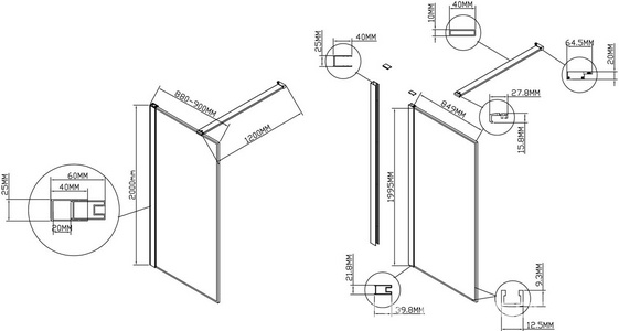 Душевая перегородка 900хh2000мм, правая/левая, (стекло прозрачное 8мм Easy Clean, укорачиваемый кронштейн 1200мм, фурнит.цв.черный матов),  ZZ Vincea Walk-In VSW-1HS900CLB