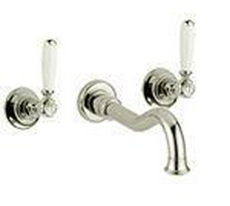 Cмеситель для раковины встр. в стену на 3 отв.,классич. излив 230мм, (цв. сатинир. никель, ручки вентили цв. белый),  ZZ Gaia Princeton RB869+RB19216/B NB satin