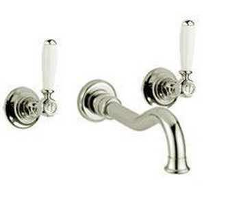 Cмеситель для раковины встр. в стену на 3 отв.,классич. излив 230мм, (цв. сатинир. никель, ручки вентили цв. белый),  ZZ Gaia Princeton RB869+RB19216/B NB satin