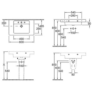 Раковина 800х485мм, 1 отв. д/смес., установка на пьедестал 7250 и п/пьед. 7264 (01 white), Subway2.0 ZZ Villeroy & Boch Subway 2.0 61168001