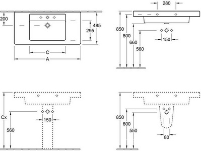 Раковина 1000х485мм, 1 отв. д/смес., установка на пьедестал 7250 и п/пьед. 7264 (01 white), ZZ Villeroy & Boch Subway 2.0 61161001