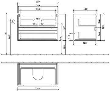 Тумба 787хh520х449мм, для раковины 800мм,(2 выдв.отдел., 3 контейн.д/акс., 4 алюм.штанги, 2стекл.перег., креп.в ком.,(цв. FP серый глянц),  Villeroy & Boch Subway 2.0 A69600FP