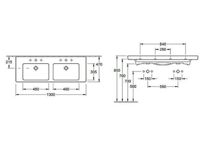 Раковина двойная1300х470мм, с 2 отв.д/смесителя, для установки с мебелью и п/пьедесталом, (цв. 01white),  ZZ Villeroy & Boch Subway 2.0 7175D001