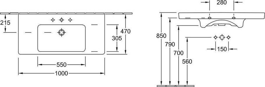 Раковина двойная1300х470мм, с 2 отв.д/смесителя, для установки с мебелью и п/пьедесталом, (цв. R1 white ceramicplus),  ZZ Villeroy & Boch Subway 2.0 7175D0R1