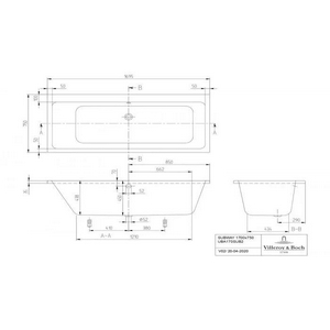 Ванна 1700х750хh450мм, без удлинённого слива-перелива и ножек арт. U99740000, (акрил цв. 01 white), Subway ZZ Villeroy & Boch Subway 2.0 UBA170SUB2V-01