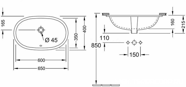 Раковина встраиваемая снизу 600х350мм, без отв.д/смесит., с переливом, крепёж в компл., (цв. 01 белый),  Villeroy & Boch O.Novo 41626001