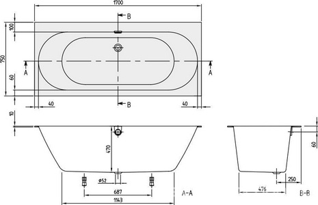Ванна 1700х750хh450мм,(кварил цв.белый), слив-перелив с клапаном Push Open цв.хром+белый, ножки пласт.h130-180мм в компл.,  ZZ Villeroy & Boch Oberon 2.0 UBQ170OBR2DV-01