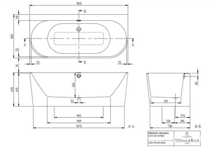 Ванна с задней стенкой (пристенная с П-образн.панелью),1800х800хh460/620мм,(кварил цв.01 белый),слив-перел.Push Open цв.хром+белый в комп,Oberon2.0ZZ Villeroy & Boch Oberon 2.0 UBQ180OBR9CD00V-01