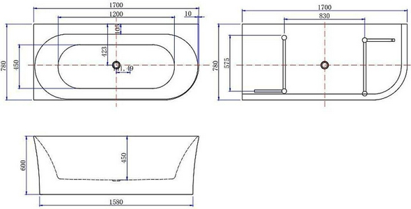 Ванна 1700x780хh600мм, ассиметричная, Правая, интегрированный слив-перелив, д/к цв.хром в компл., (акрил цв.белый матовый),  4 ZZ Allen Brau Priority 2.31004.21B