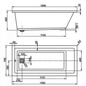 Ванна прямоугольная 150x70xh45см, без панели и каркаса, (акрил цв.белый), Сavallo ZZ Vagnerplast cavallo VPBA157CAV2X-04