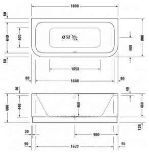 Ванна 1800х800х48 мм акриловая без г/м, (экран с 3*х сторон, опорная рама в комплекте),  ZZ Duravit Happy D 0700016