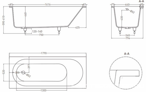 Ванна 178х80хh60cм, литой камень Solid Surface цв.белый матовый, литые ножки,  LOFO LOFO UM12322