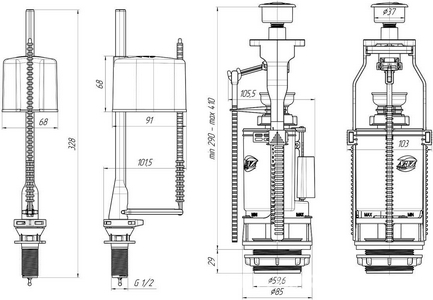 Двухрежимная арматура 3/6 л. для бачка, универсальная, нижний подвод 1/2 пластик.штуцер, хром.кнопка, комплект Ани Пласт Комплектующие WC3550M