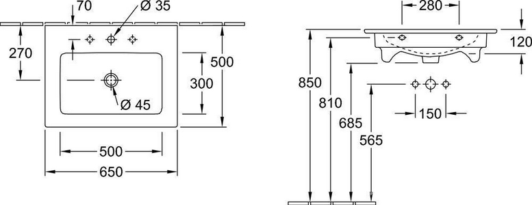 Раковина 650х500мм, 1 отв. д/смес., с переливом, для установки с мебелью, (цв. R1 white ceramicplus),  ZZ Villeroy & Boch Venticello 412465R1
