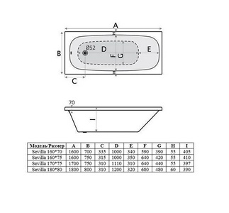 Ванна 180х80см, без ножек/рамы, панелей, слива-перелива, (акрил цв.белый),  ZZ Alba Spa Sevilla ВПР0170100100