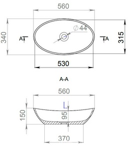 Раковина накладн. на столешн,овал.555х340хh150мм,без отв.д/смес,без перелива,литой камень S-Stone, матов цв.RAL9011 снаружи,  Salini Noemi 1101203SMRH / снаружи  RAL9011 Graphite black (черный матовы