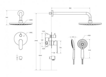 Смеситель для душа, встр.в стену со стац.стенов.,верхнем душем d22см., душ.лейка, шланг в компл., (цв.брашированное золото),  ZZ Cezares Stylus STYLUS-DSET-BORO