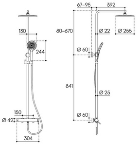 Смеситель для душа, со стационарным верхним душем пластик d255мм, ручн.душевая лейка, шланг в компл., (цв.оружейная сталь),  ZZ Aqueduto Chuva CHU0145