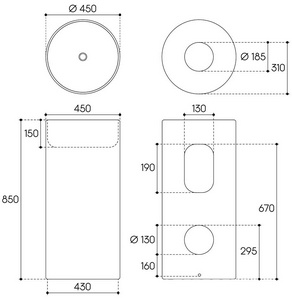 Раковина 450х450хh850мм, напольная, круглая, без отв.д/смес., без перелива, крепеж в компл., (керамика цв.белый),  ZZ Aqueduto ТОДО TOD0110