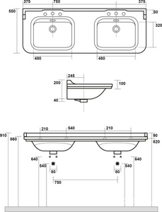 Раковина 150х55см, двойная, по 3 отв.д/смес., накладки отверстий перелива цв.хром в компл., без крепл.к стене,  ZZ Kerasan Waldorf 4143K1bi/cr*3