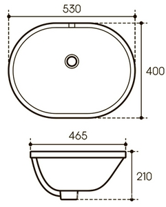 Раковина встраиваемая в столешницу снизу, 530х400хh210мм, без отв. д/смес., с переливом, (цв. белый глянец),  Aqueduto Sotto SOT0110