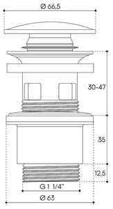 Донный клапан для сливного отверсия раковин/биде с переливом и без перелива, Push-Open, G 1 1/4, (крышка слива пластик цв.оружейная сталь),  Aqueduto RALO RAL0245