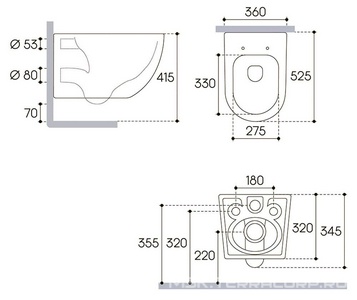 Унитаз подвесной 525х360мм, безободковый, смыв Tornado, сиденье с микролифтом, крепёж в компл., (цв.белый глянец), Ovo Aqueduto Ovo Tornado OVOT2110