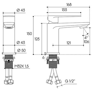 Смеситель для раковины M, без д/к, (цв.шлифованное золото),  ZZ Aqueduto LINHA LIN0250
