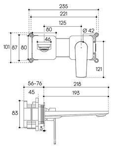 Смеситель для раковины, встраиваемый в стену, излив 190мм, встраив.часть в компл., (цв.шлифованное золото),  ZZ Aqueduto LINHA LIN0450