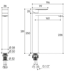 Смеситель для раковины L, Высокий, без д/к, (цв.оружейная сталь),  ZZ Aqueduto GEOMETRICO GEO0345
