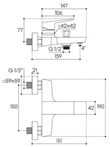 Смеситель для ванны, (цв.оружейная сталь),  ZZ Aqueduto CLARO CLA0645