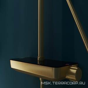 Смеситель-термостат для душа, со стационарным верхним душем пластик d255мм, ручн.душевая лейка, шланг в компл., (цв.шлифованное золото),  ZZ Aqueduto Chuva CHU0350