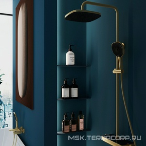 Смеситель-термостат для душа, со стационарным верхним душем пластик d255мм, ручн.душевая лейка, шланг в компл., (цв.шлифованное золото),  ZZ Aqueduto Chuva CHU0350