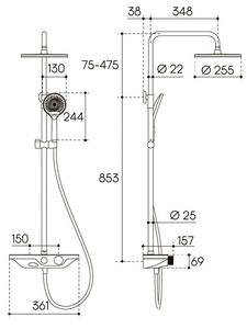 Смеситель для ванны/душа, со стационарным верхним душем пластик d255мм, излив, ручн.душевая лейка, шланг в компл., (цв.шлифованное золото),  ZZ Aqueduto Chuva CHU0450