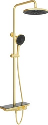 Смеситель для ванны/душа, со стационарным верхним душем пластик d255мм, излив, ручн.душевая лейка, шланг в компл., (цв.шлифованное золото),  ZZ Aqueduto Chuva CHU0450