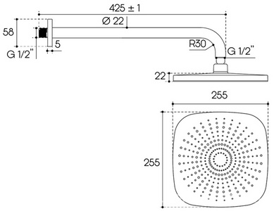 Верхний душ  255х255мм, (цв.хром),  ZZ Aqueduto Chuva CHU1000