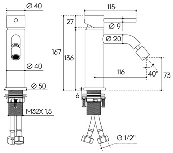 Смеситель для биде, без д/к, (цв.оружейная сталь),  ZZ Aqueduto Cano CAN0545