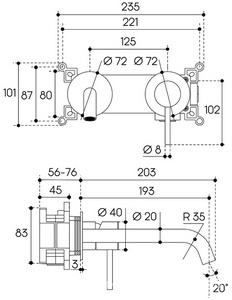 Смеситель для раковины, встраиваемый в стену, излив 205мм, встраив.часть в компл., (цв.шлифованное золото),  ZZ Aqueduto Cano CAN0450