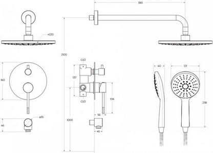 Смеситель для душа, встр.в стену со стац.стенов.,верхнем душем d22см., душ.лейка, шланг в компл., (цв.брашированное золото), Relax ZZ Cezares relax RELAX-DSET-BORO