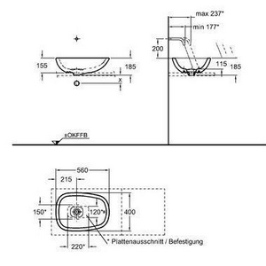 Раковина 560х400мм, накладная (чаша), без отв., для смес., с переливом, керам. крышка сливн. клапана в компл.,  ZZ Geberit Citterio 500.543.01.1