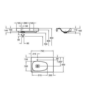 Раковина 750х500мм, чаша слева, полочка справа, с 1 отв., для смес.,керам. крышка сливн.клап в компл,(без сист.перел Clou арт.152.018.0),  ZZ Geberit Citterio 500.545.01.1