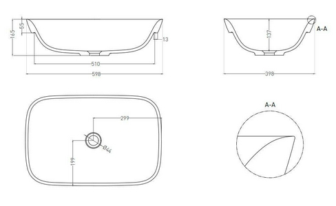 Раковина полувстраиваемая в столеш.сверху, 598х398хh165мм, без отв.д/смес, без перелива, литой камень S-Stone матовая,цв.белый,  02 ZZ Salini Marea 1802202M