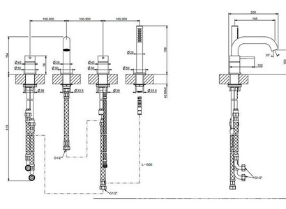 Смеситель для ванны, встраиваемый в борт на 4 отв., лейка, шланг в компл., (цв.Black Metal PVD),  ZZ Gessi Origini 66037 706